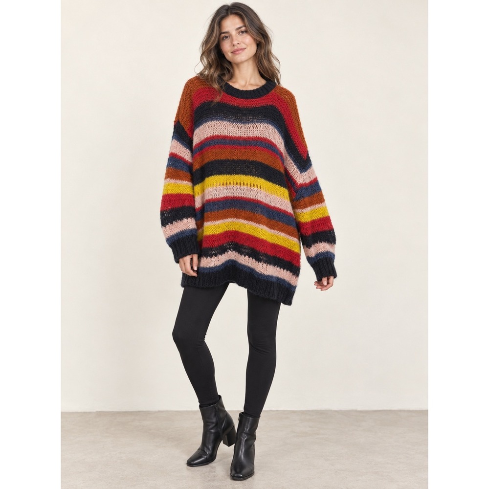 Zara Knit Italian Yarn Oversized Striped Sweater Multi Color Crew Neck Medium